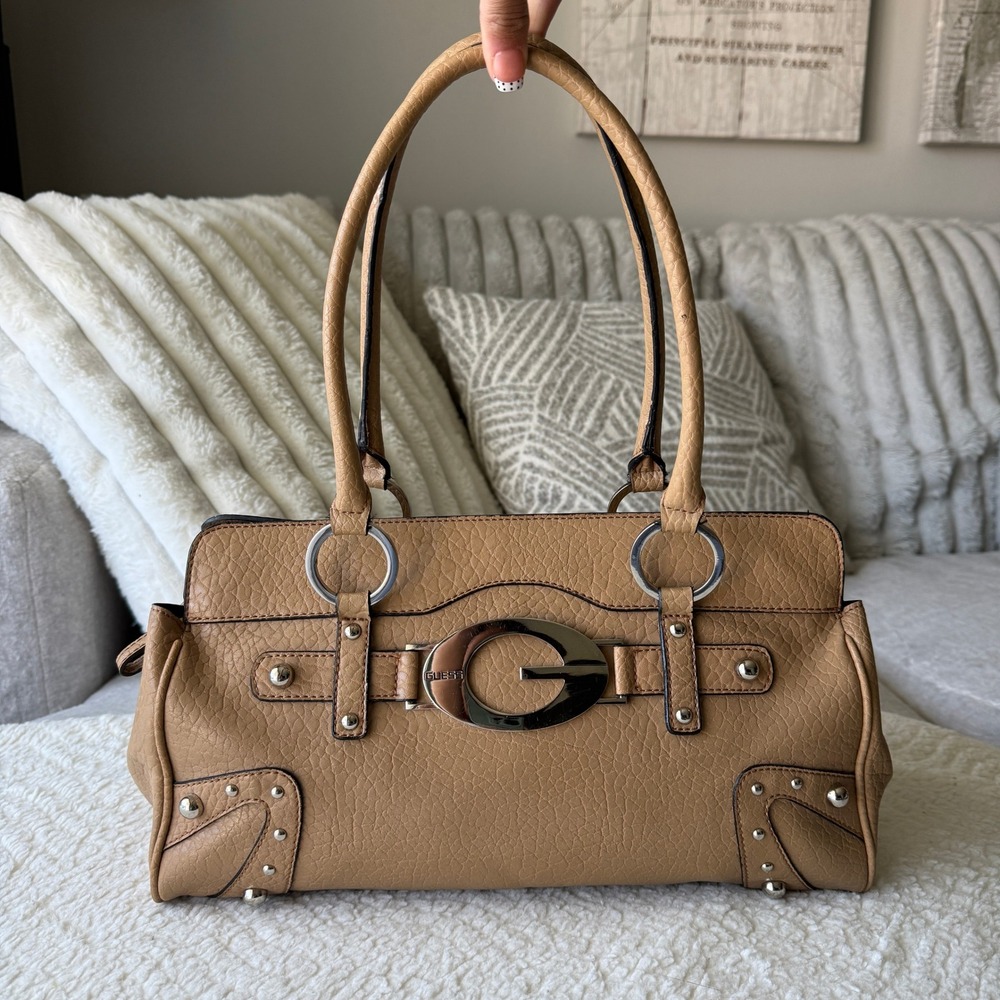 Guess Tan Pebbled Faux Leather Shoulder Bag Silver G Logo Buckle Studded Y2K